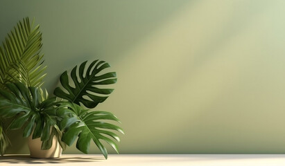 Olive Shadow: Minimal Abstract Background with Tropical Leaf Shadows,, generative AI