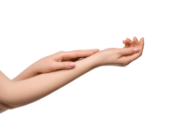 Women's hands with cream on a white background. The girl applies cream on her hands to moisturize. Hand isolate, for cream advertising, for packaging.