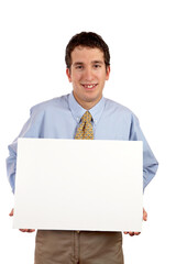 A business man holding the blank placard