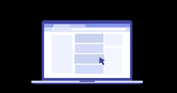 Laptop Screen with Open Browser, Website 2D Animation. Web Surfing Concept. 4K