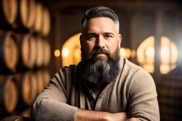 Obraz premium Digital portrait of senior bearded bartender in an old wine cellar with wooden wine barrels in the background. Generative AI