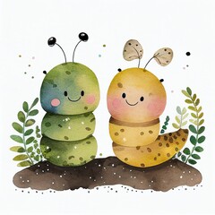 two cute caterpillars watercolor style Generative AI