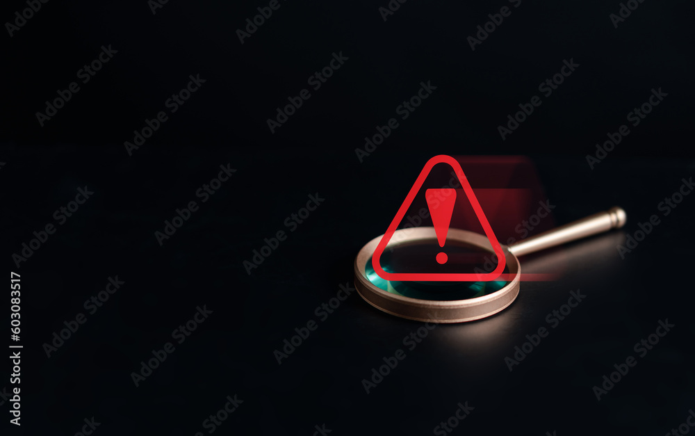 Poster System warning caution sign inside magnifier for notification error and maintenance. cyber attack on computer network. data breach, illegal connection, compromised information.