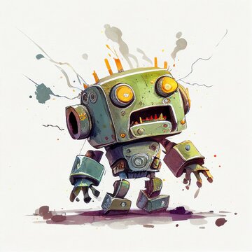 cartoon robot broke down, watercolor style Generative AI