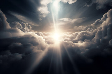 Fototapeta premium Religion and sacral concept. Abstract visualization of God light in clouds visualization. Generative AI