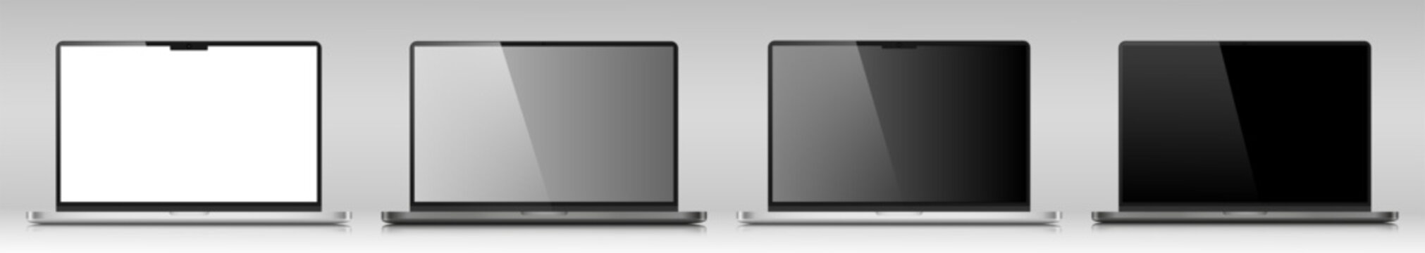 A set of realistic laptop layouts in a silver metal case with reflection. Laptops with white, gray and black screens on a gray gradient background. Vector illustration.