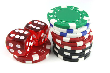 2 Dice close up with gambling chips