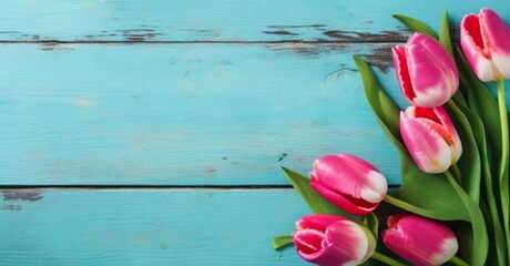 Tulip border with copy space. Beautiful frame composition of spring flowers. Bouquet of pink tulips flowers on turquoise blue vintage wooden background