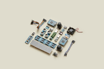 Various hardware elements on beige background.