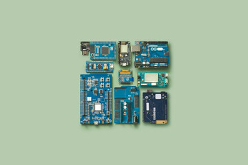 Electronic chips and components, flat lay.