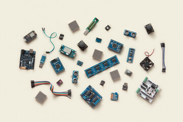 Various chips, wires and semiconductors.