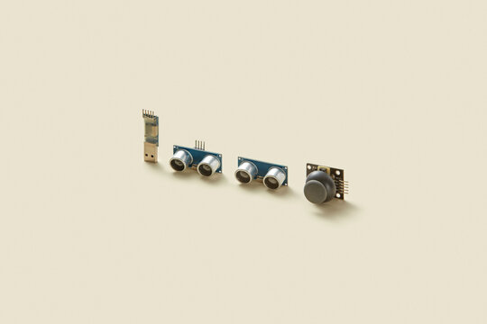 Arranged PC hardware in a line.