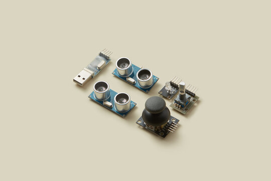 PC hardware laid out on beige background.