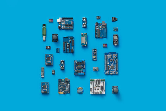 Chips, microprocessors and hardware flat lay.