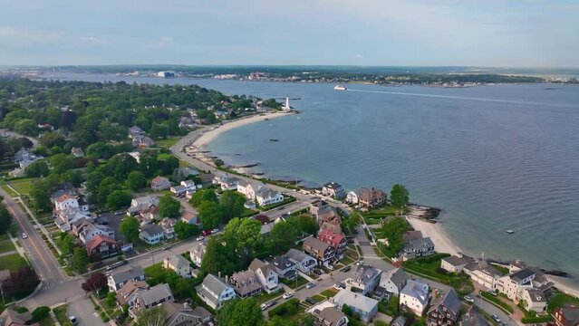 Pequot Point Beach and New London Harbor Lighthouse at the mouth of Thames River in city of New London, Connecticut CT, USA. 