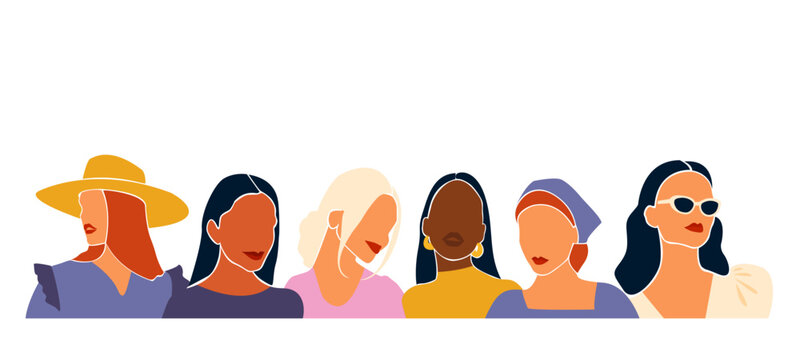 Multi-ethnic beauty. Different ethnicity women. Women different nationalities and cultures. The struggle for rights, independence, equality. Abstract girls. Bright group of women, Woman with hat