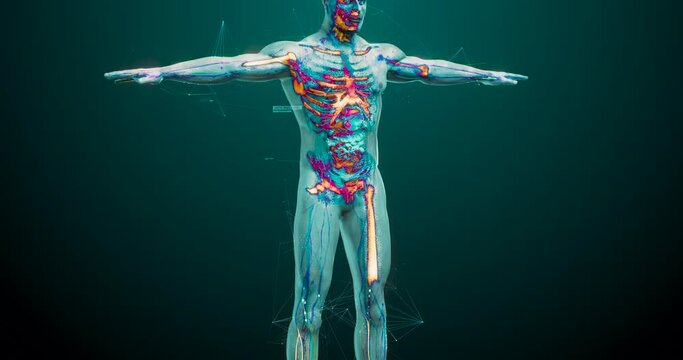 Human anatomy in augmented reality. Model displays whole structure and individual organs, bones and muscles