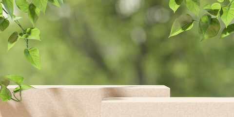 Brown product display podium with blurred nature leaves on green background. 3D rendering
