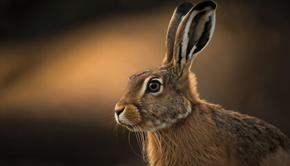 Fototapeta premium a field hare crawls out of a hole. Generative AI,