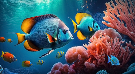 Naklejka na ściany i meble underwater world of fish and corals. Generative AI,
