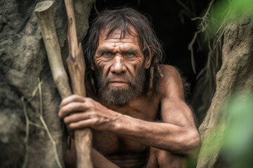 Portrait of prehistoric man in cave. Face of Neanderthal caveman with beard. Ancestor of mankind. Created with Generative AI - obrazy, fototapety, plakaty