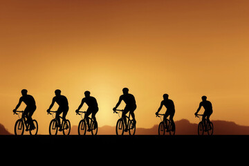 Obraz na płótnie Canvas Silhouettes of professional cyclists training on road bikes at sunset. Active outdoor sports. Cycling trip. Created with Generative AI