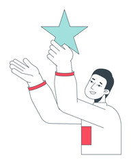 Male customer giving star flat line color vector character. Editable outline half body person on white. Guy holding star above head. Feedback simple cartoon spot illustration for web graphic design