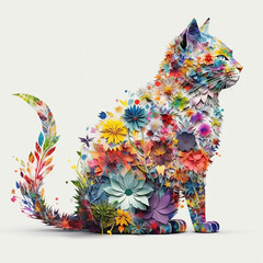 silhouette of a cat created from flowers on a white background