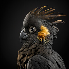 close-up portrait of a red-tailed black cockatoo against a dark background