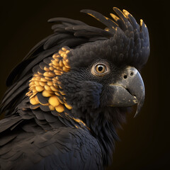 close-up portrait of a red-tailed black cockatoo against a dark background