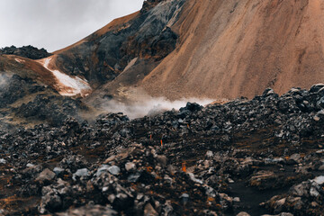 Colored textures of mountains layers and cooled lava field 