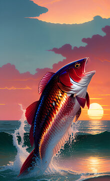 illustration with red drum fish jumping out of the water at sunset of the day