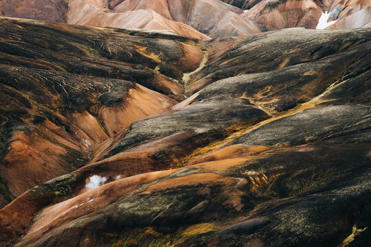 Texture And Colorful Landscape In Iceland snowy and mossy Mountains