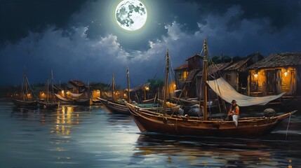Venice Italy (inspired) boat moon moonlight beautiful oil painted art, AI generated.