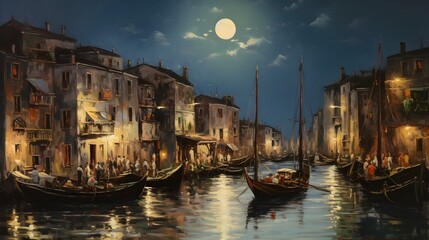 Fototapeta na wymiar Venice Italy (inspired) boat moon moonlight beautiful oil painted art, AI generated.