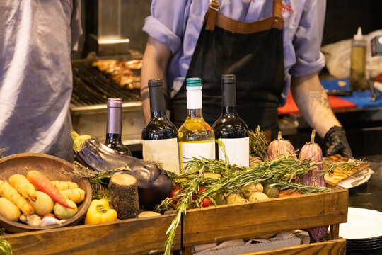 Argentina, San Telmo market restaurants offering parilla grilled meat traditional cuisine.