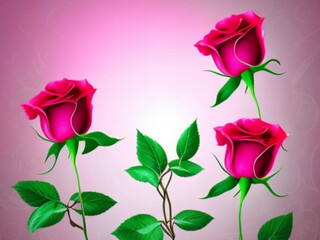 three pink roses and leaves on a white background created with generative AI technology