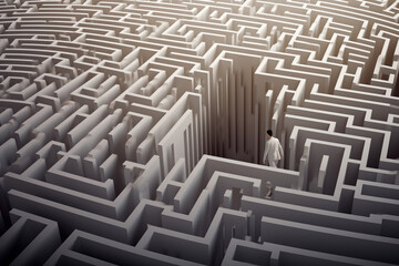 Man silhouette in maze or labyrinth. Finding solution and self concept. Generative AI