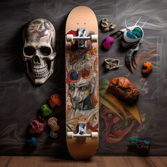a skateboard and accessories