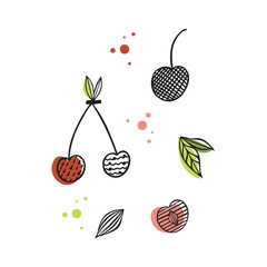 Flat vector icon of appetizing cherries. Abstract Sliced fruits, Abstract flat stickers, emblems and labels for orange fresh juice. Graphic design editable for your design. Isolated. EPS 10.