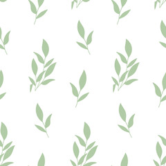 Seamless pattern of hand drawn of green tea leaves on isolated background. Design for springtime and summertime celebration, scrapbooking, textile, home decor, paper craft.