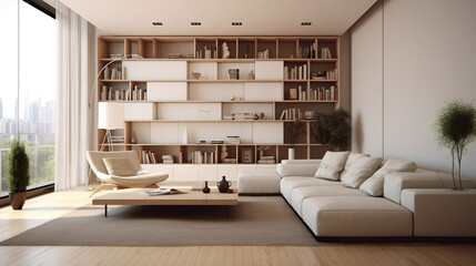 Modern and minimalistic living room interior design, generative AI