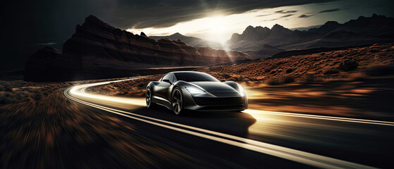 A generic and unbranded modern car running on mountain street, ai generative illustration