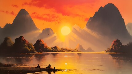 Laos mountain (inspired) sunset beautiful oil painted art, AI generated.