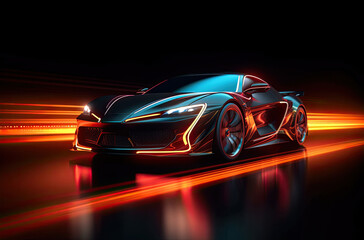 Fototapeta na wymiar Generic and unbranded modern sport car running in a light tunnel, generative ai illustration