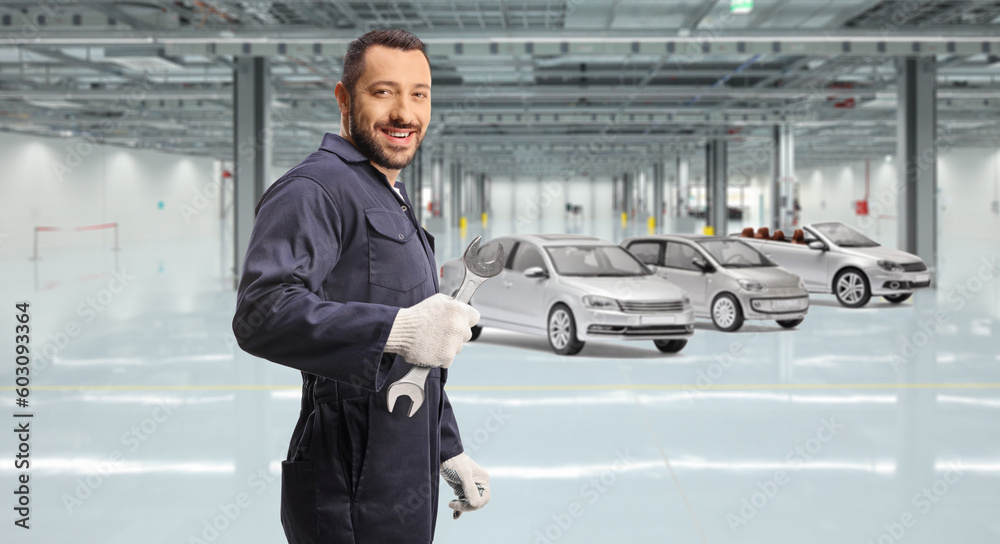 Canvas Prints Car mechanic holding a wrench in front of vehicles in a garage