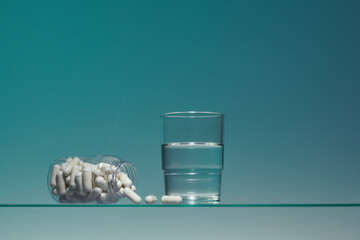 Glass jar with vitamins in white capsules and a glass of water.