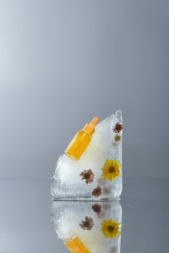 Natural cosmetic products and fresh flowers arranged frozen in ice