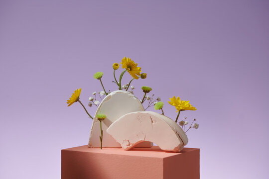 concrete podium for product presentation, yellow flower