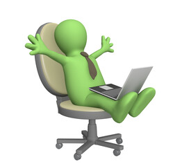 3d puppet, sitting with a laptop. Object over white